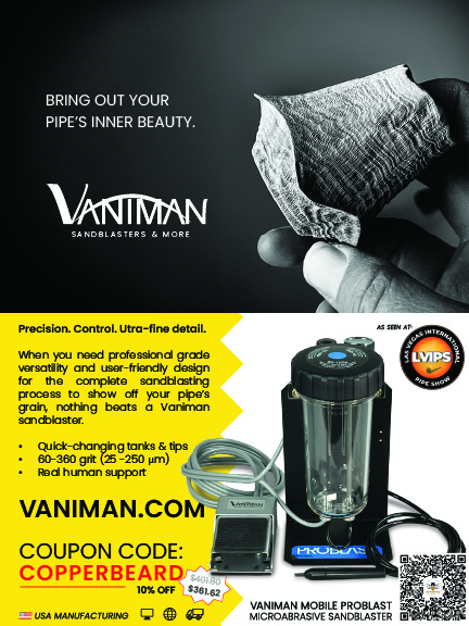 Front and back of a postcard for the Las Vegas Internaitional Pipe Show, where Copperbeard Pipeworks will be showing a Vaniman sandblaster.